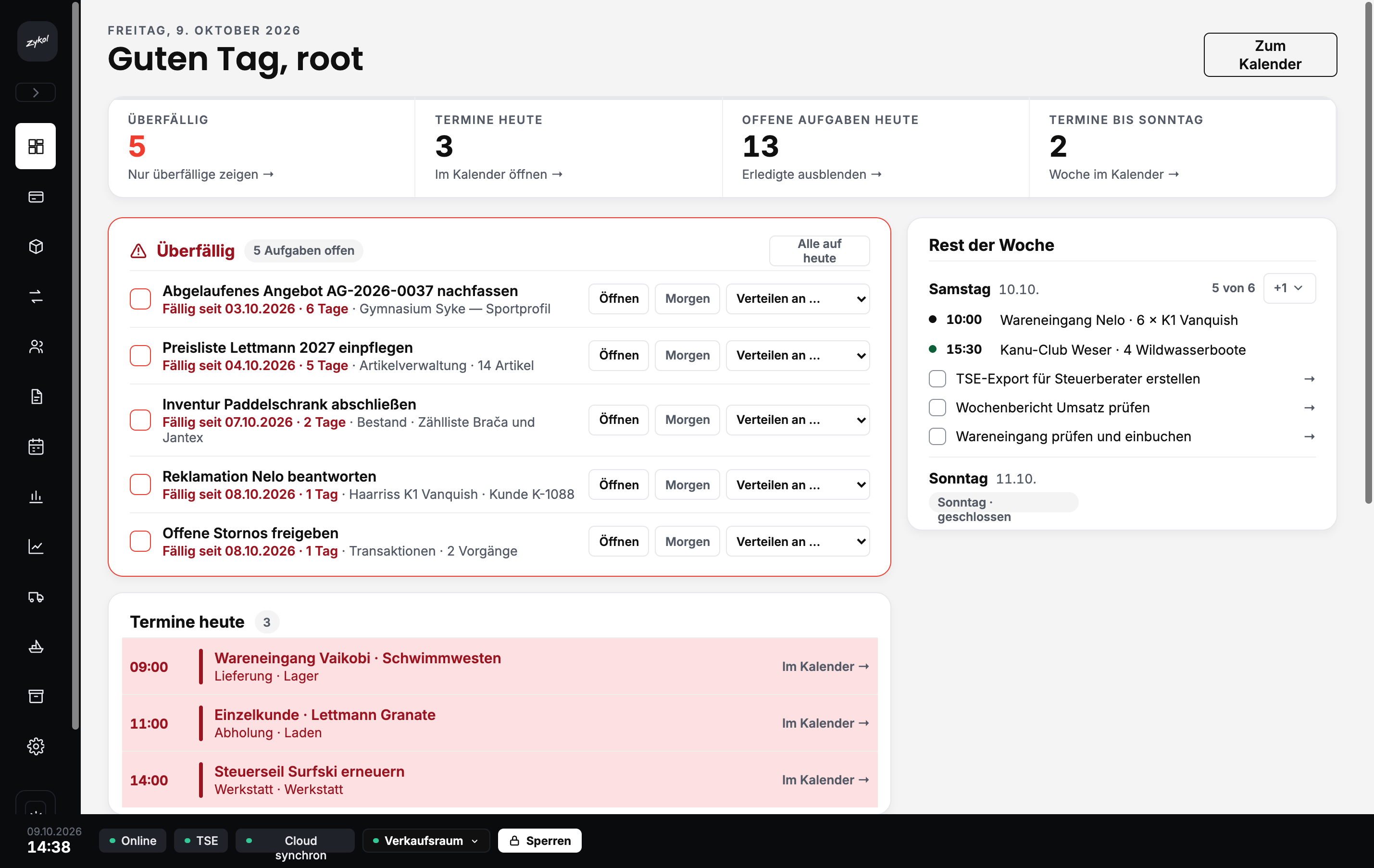 zykol.POS: Dashboard mit überfälligen Aufgaben und Terminen